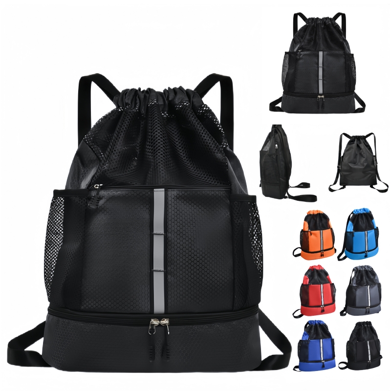 Drawstring Backpack with Mesh Pockets and Dry Wet Separation