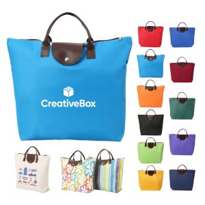 Foldable Oxford Tote Grocery Bag with Leather Handles