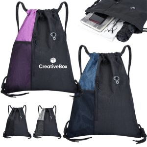 Two Tone Drawstring Backpack with Zipper Pocket