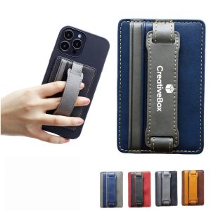 Leather Phone Grip Stand with Card Holder & Wrist Strap