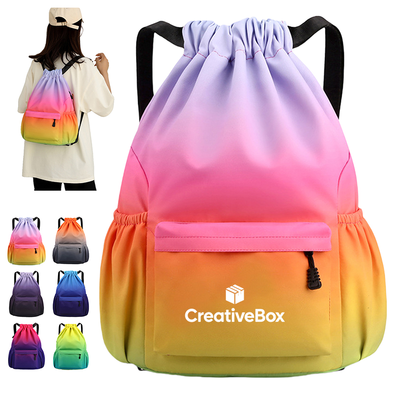 Large Gradient Drawstring Sports Backpack with Front Pocket