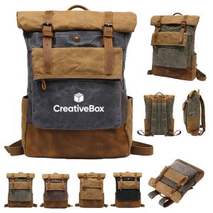 Vintage Waxed Canvas Roll Top Backpack Leather Strap Travel