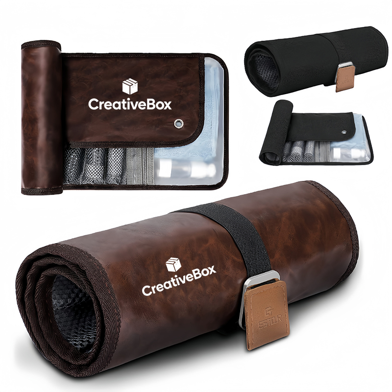 Leather Roll Up Toiletry Bag Travel Organizer for Men